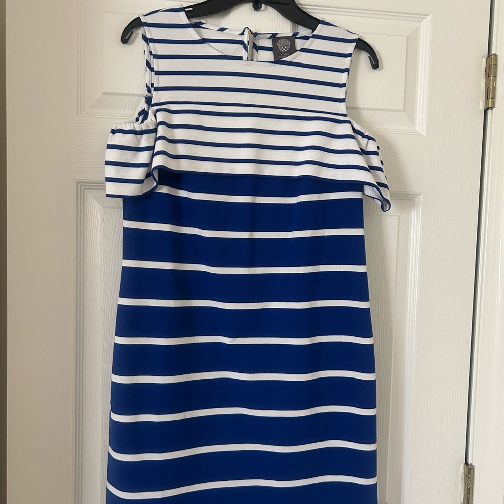 Vince Camuto Blue and White Sheath Mini Dress Cold Shoulder Sleeveless